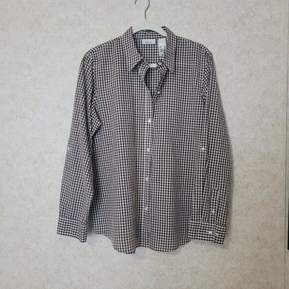 Brown White Gingham Plaid Blouse Liz & Co. Womens Long Sleeve Size XL - Picture 8 of 15